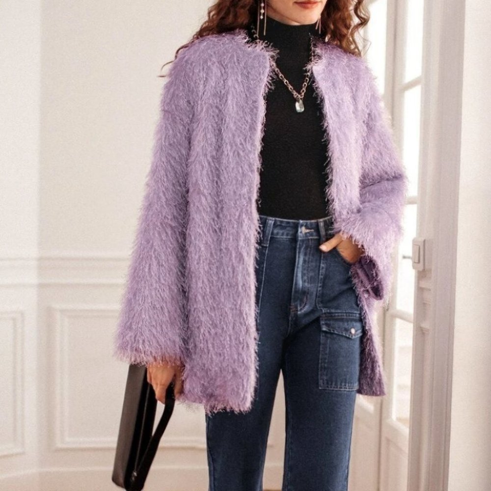 open front fuzzy coat purple - Picture 4 of 8